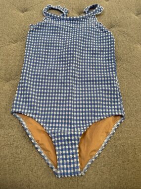 NWT CREWCUTS BLUE AND WHITE GINGHAM RUFFLE STRAP ONE PIECE BATHING SUIT SIZE 10